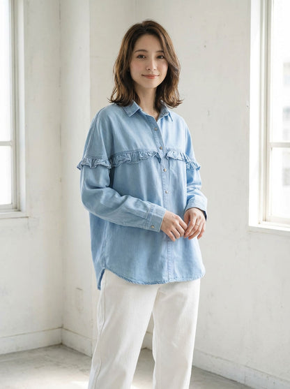 フリル デニムシャツ 長袖 ブラウス 綿100% ゆったり 羽織り カジュアル フェミニン