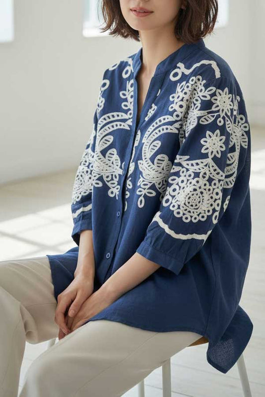 フローラル 刺繍 Vネック ブラウス 綿100% 七分袖 ゆったり 体型カバー M-L