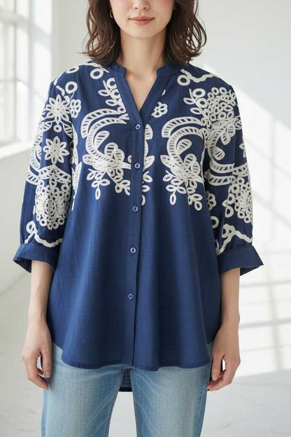 フローラル 刺繍 Vネック ブラウス 綿100% 七分袖 ゆったり 体型カバー M-L