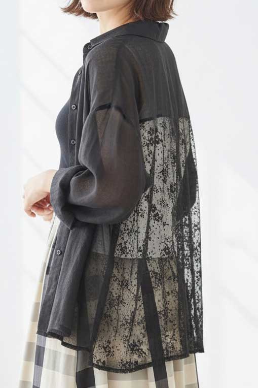 シアー レース 切替 長袖 シャツ ブラウス ゆったり 透け感 体型カバー M-L