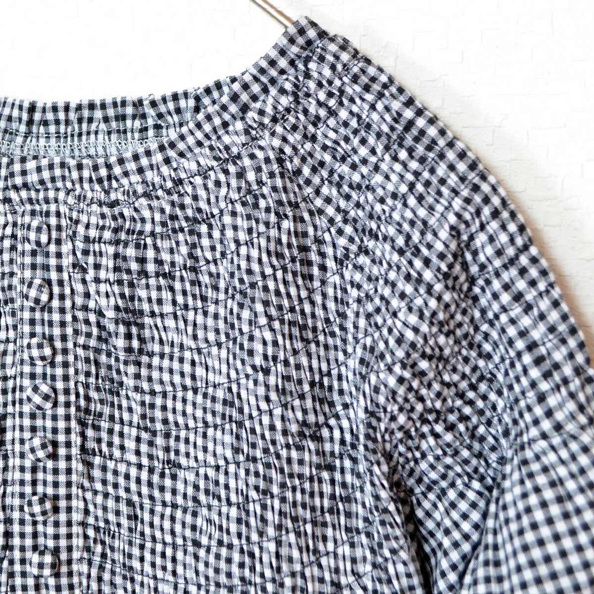 シャーリング カットワークレース トップス 綿混 ゆったり 体型カバー 七分袖 M-L
