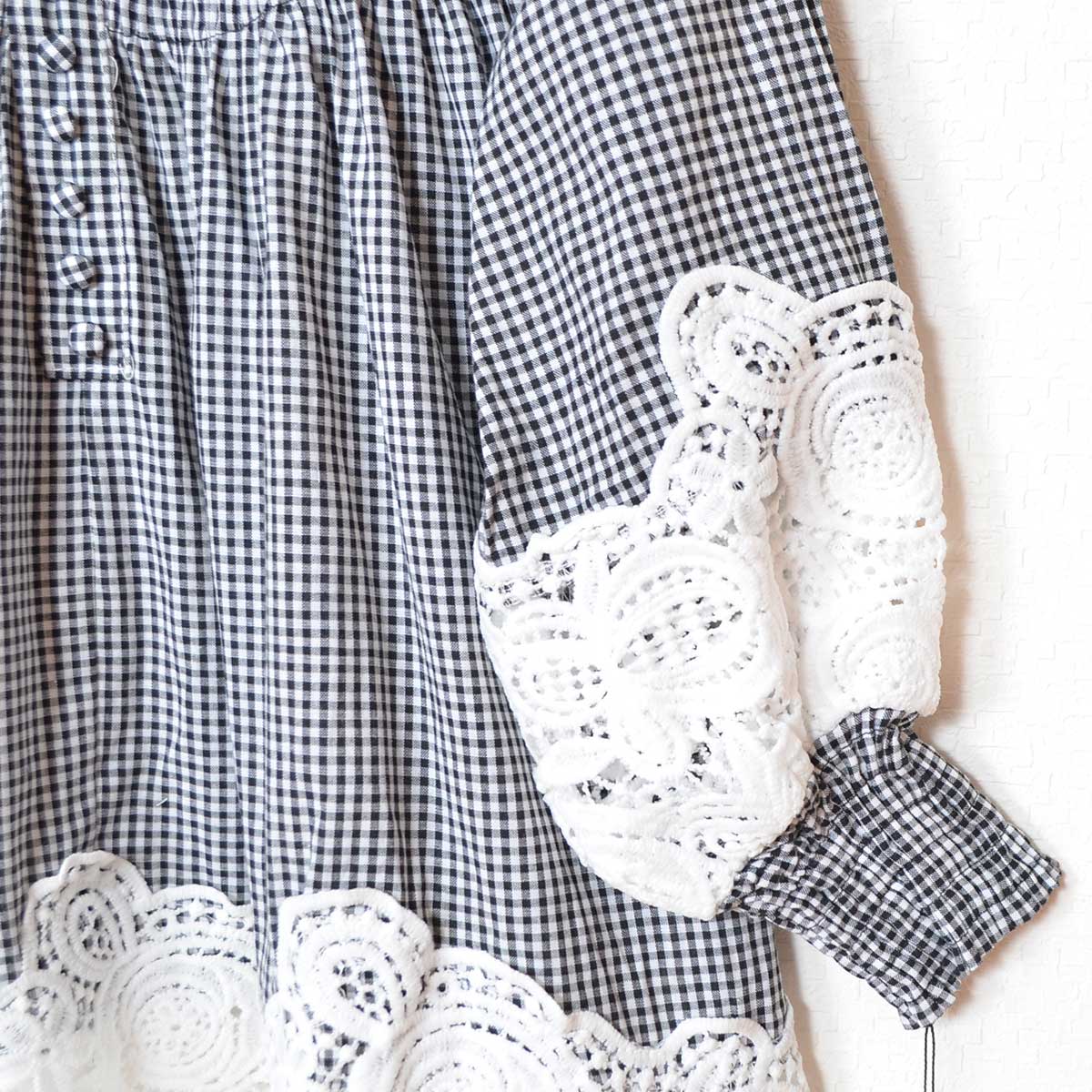 シャーリング カットワークレース トップス 綿混 ゆったり 体型カバー 七分袖 M-L