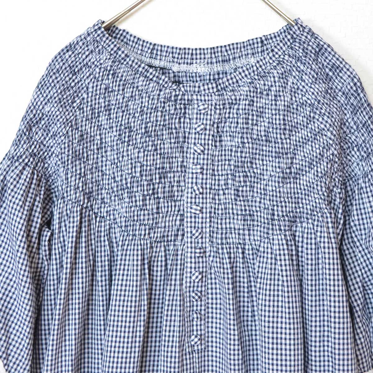 シャーリング カットワークレース トップス 綿混 ゆったり 体型カバー 七分袖 M-L