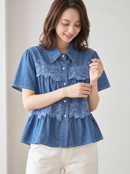 デニム フラワーレース ティアード切替 半袖 シャツ ゆったり 体型カバー 春夏 M-L