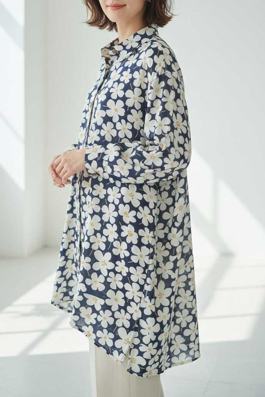 【M〜L対応】綿100・花柄ロングシャツ｜前後差ヘム・羽織OK・N73-090