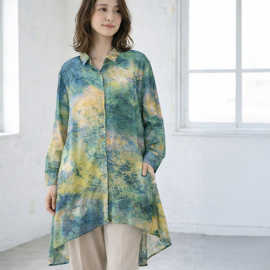 アート柄 プリント ロングシャツ チュニック 長袖 綿100 L～LL 前後差