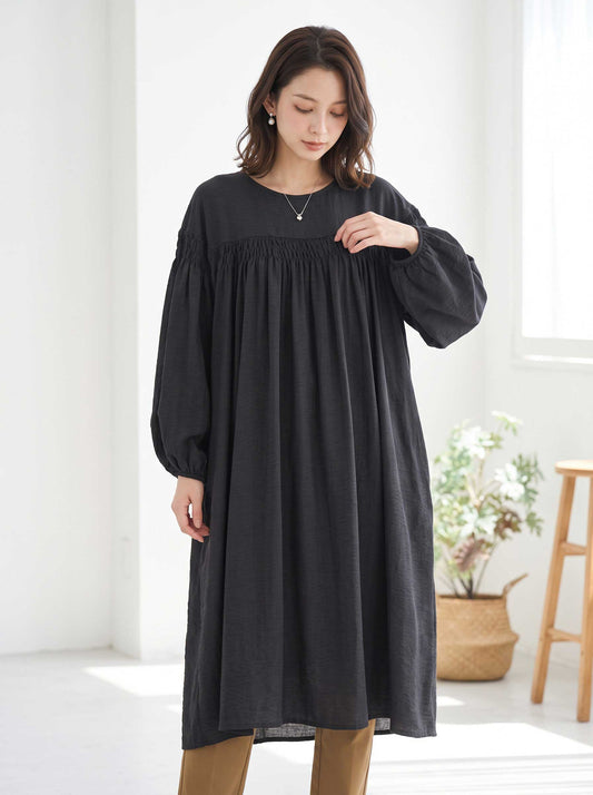 ワンピース ヨークギャザー スモック ロング 長袖 ゆったり 体型カバー 秋 L LL
