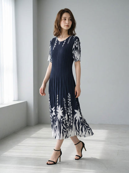 シック フローラル プリーツ ワンピース 半袖 花柄 総プリーツ 伸縮 ゆったり