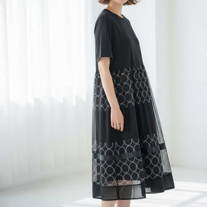 サークル柄 チュール 切替 ドッキング ワンピース 半袖 異素材 ゆったり L-LL