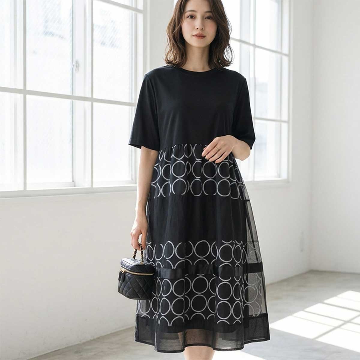 サークル柄 チュール 切替 ドッキング ワンピース 半袖 異素材 ゆったり L-LL