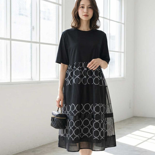 サークル柄 チュール 切替 ドッキング ワンピース 半袖 異素材 ゆったり L-LL