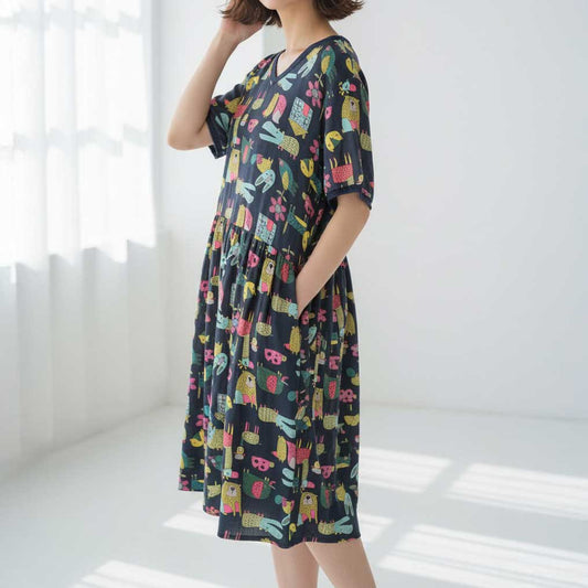プリント Vネック コットン 半袖 ワンピース 綿100% ゆったり 春 夏 M-L