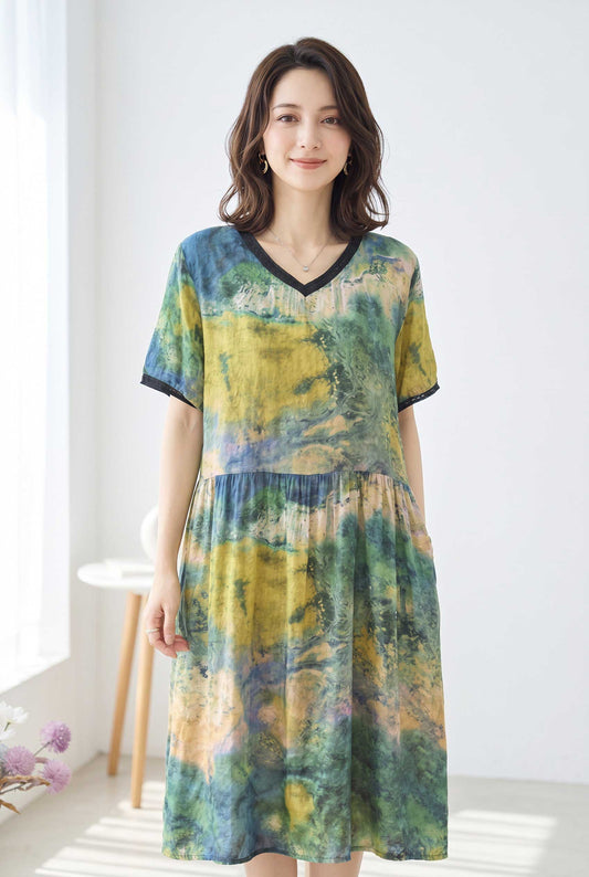 印象派風 プリント Vネック コットン ワンピース 半袖 綿100% M-L ゆったり 体型カバー