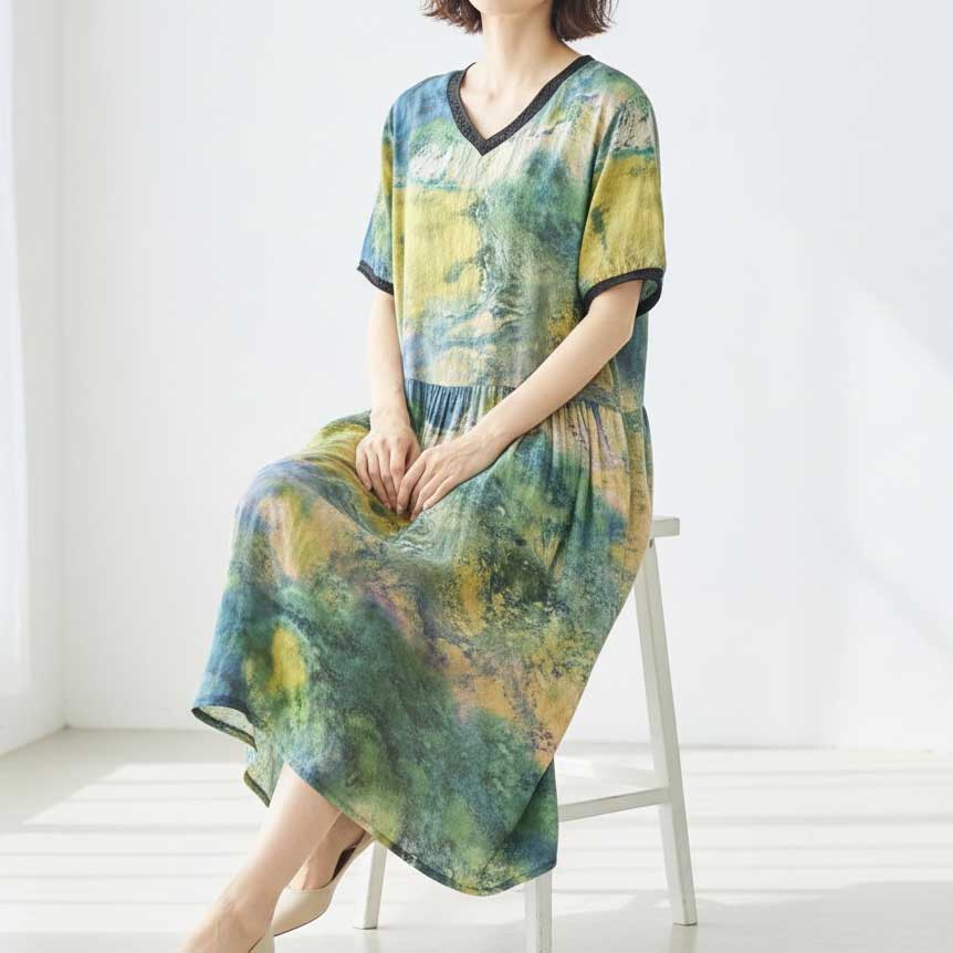 印象派風 プリント Vネック コットン ワンピース 半袖 綿100% M-L ゆったり 体型カバー