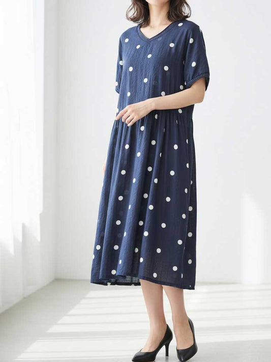 プリント Vネック コットン 半袖 ワンピース 綿100% ゆったり ロング M-L