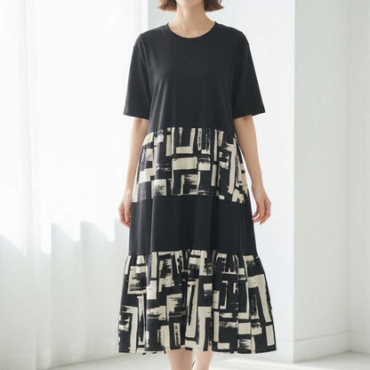 幾何学ブラシプリント ティアード 切替 ワンピース 半袖 ゆったり 体型カバー M-L
