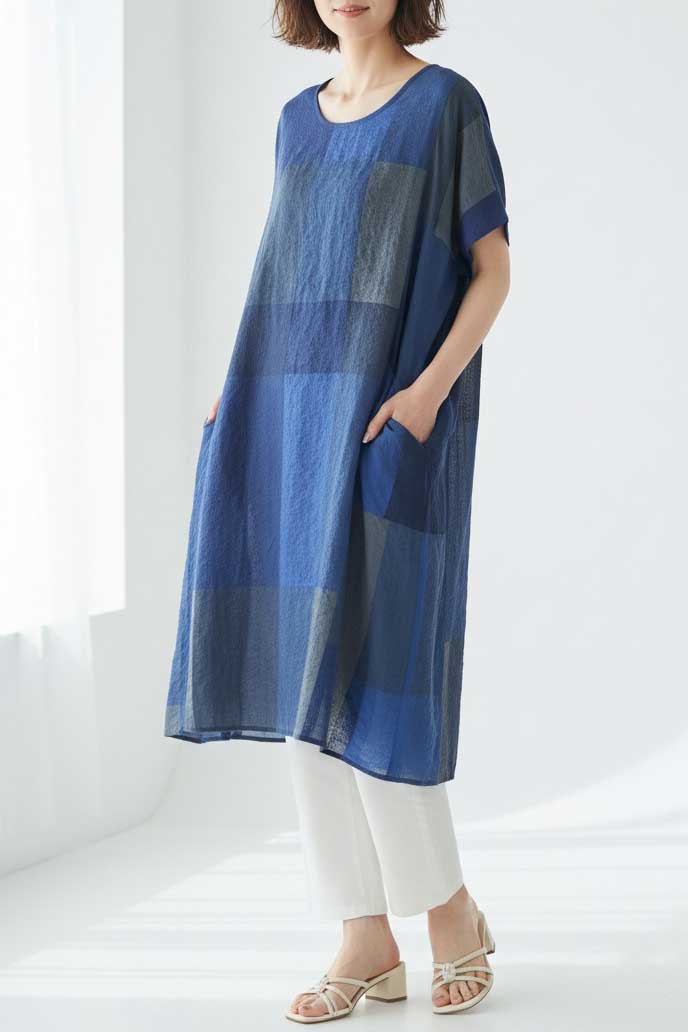 ブロックチェック柄 綿100% フレンチスリーブ ワンピース ゆったり 体型カバー L-LL