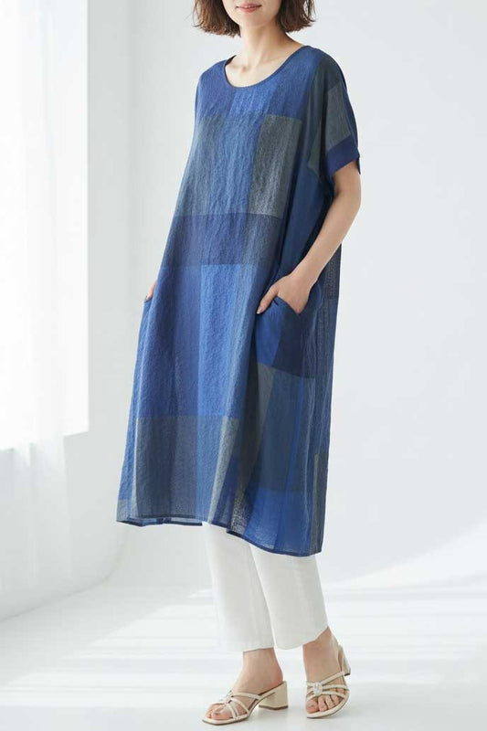 ブロックチェック柄 綿100% フレンチスリーブ ワンピース ゆったり 体型カバー L-LL