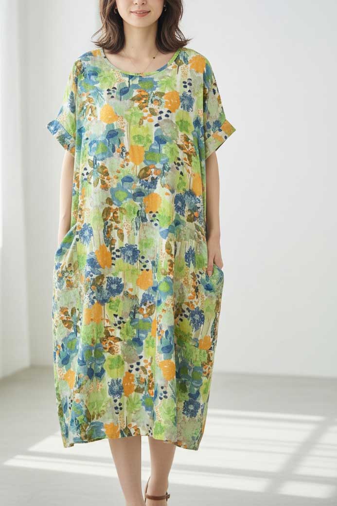 水彩 ボタニカル柄 ワンピース M-Lサイズ｜綿100% ゆったり 体型カバー｜TRUBE