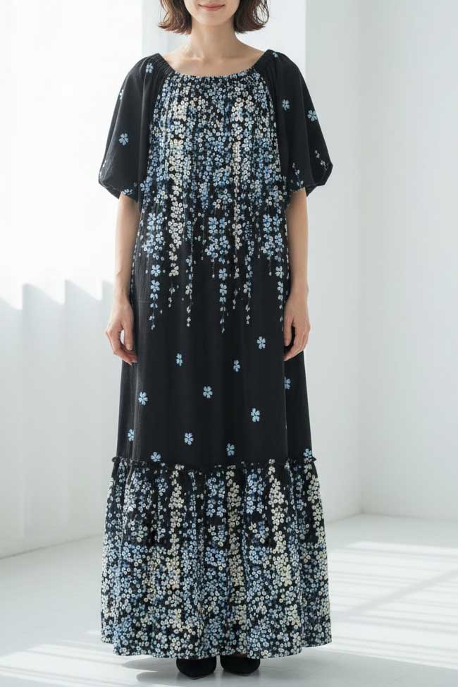 流れ花柄 マキシ丈 ワンピース 半袖 ゆったり ティアード 体型カバー M-L