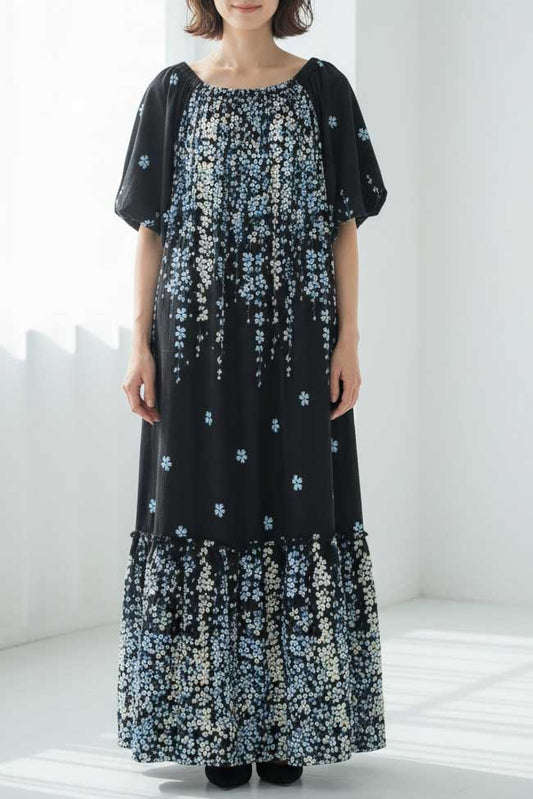 流れ花柄 マキシ丈 ワンピース 半袖 ゆったり ティアード 体型カバー M-L