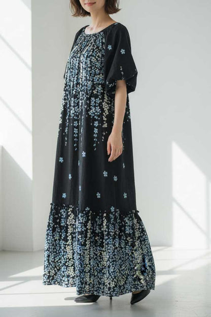 流れ花柄 マキシ丈 ワンピース 半袖 ゆったり ティアード 体型カバー M-L
