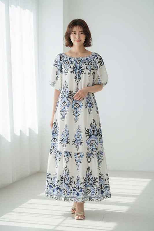 ダマスク柄 シャーリングネック マキシ ワンピース 半袖 ゆったり 体型カバー M-L