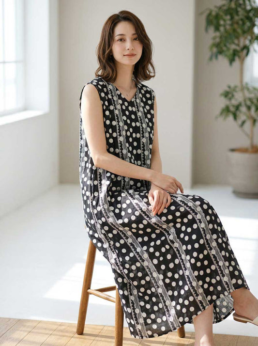 ドット レース パネルプリント Vネック ノースリーブ マキシ ワンピース ゆったり M-L