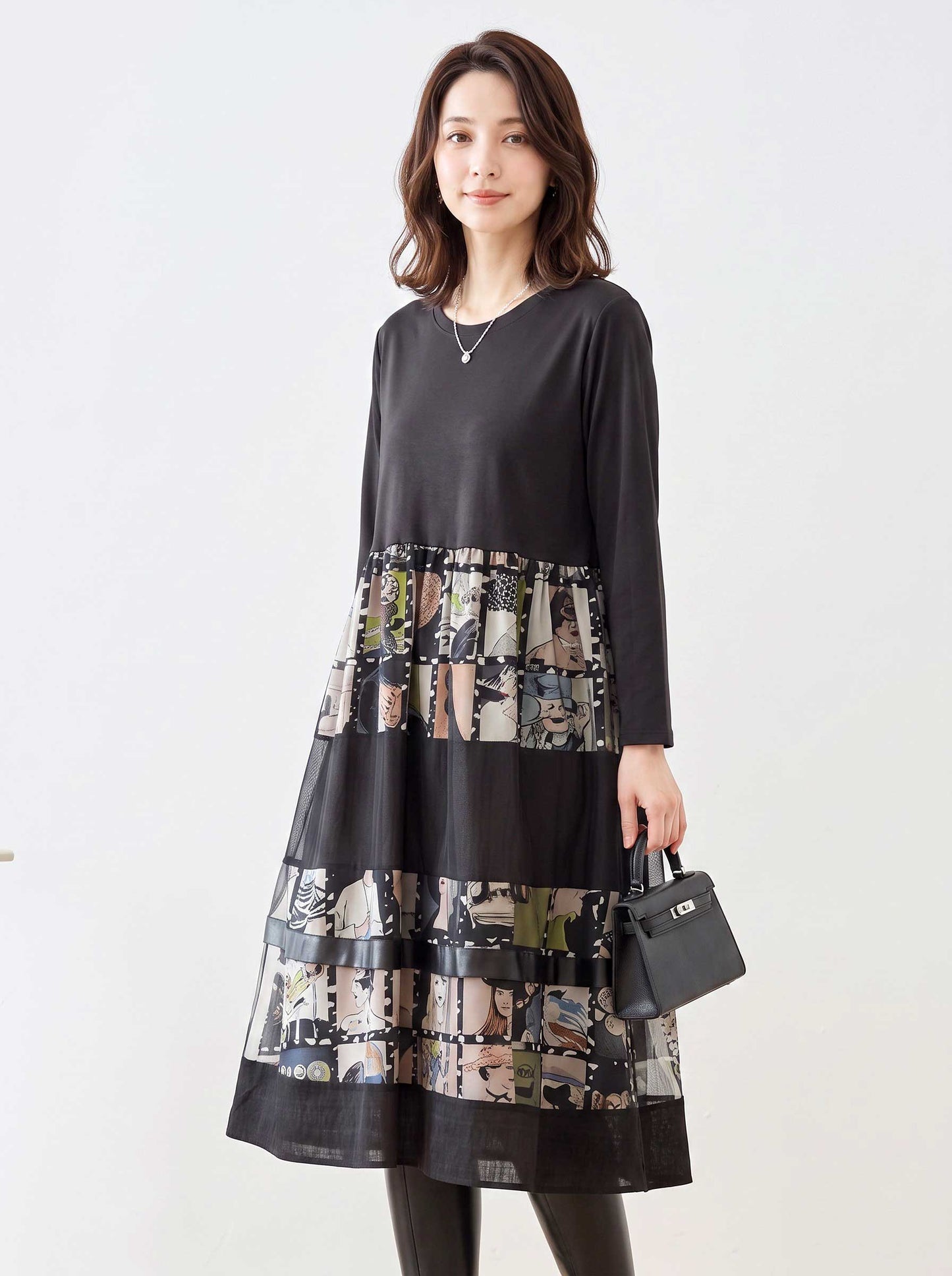 ワンピース 異素材切替 アート コラージュ柄 ドッキング ゆったり 秋冬 M～L