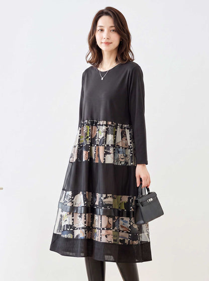 ワンピース 異素材切替 アート コラージュ柄 ドッキング ゆったり 秋冬 M～L