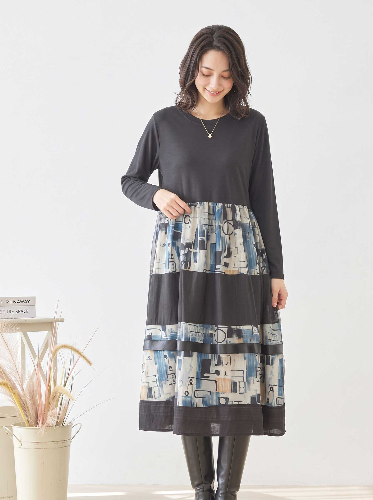ワンピース ロング 柄物 異素材 切替 レイヤード すっきり 秋 冬 M L