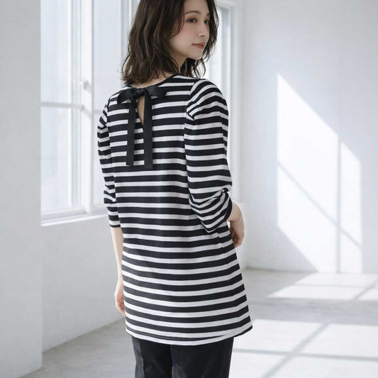 バックリボン ボーダー柄 パフスリーブ チュニック 5分袖 ゆったり 体型カバー M-L