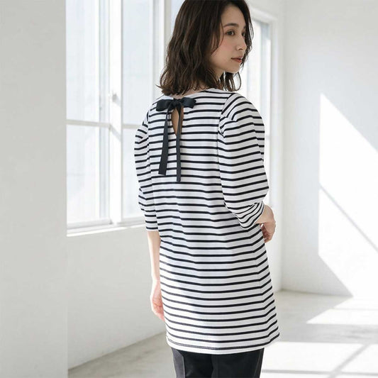 バックリボン ボーダー柄 パフスリーブ チュニック 5分袖 ゆったり 体型カバー M-L