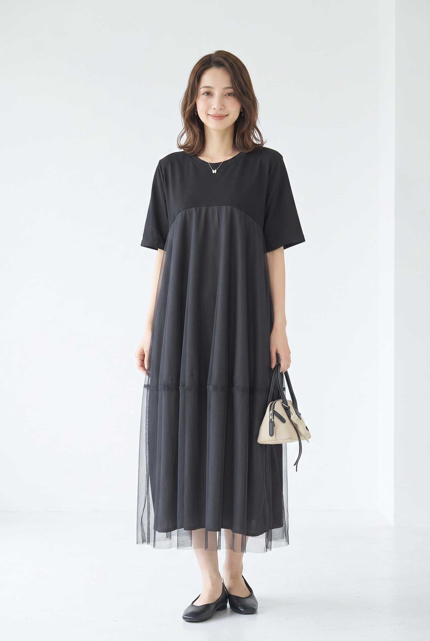 大人可愛い チュール重ね コクーン ワンピース 春夏 ロング 半袖 ゆったり LL