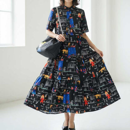 ポップ柄プリント ティアードワンピース ロング丈 半袖 体型カバー L〜LL