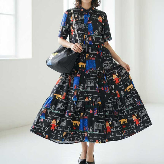 ポップ柄プリント ティアードワンピース ロング丈 半袖 体型カバー L〜LL