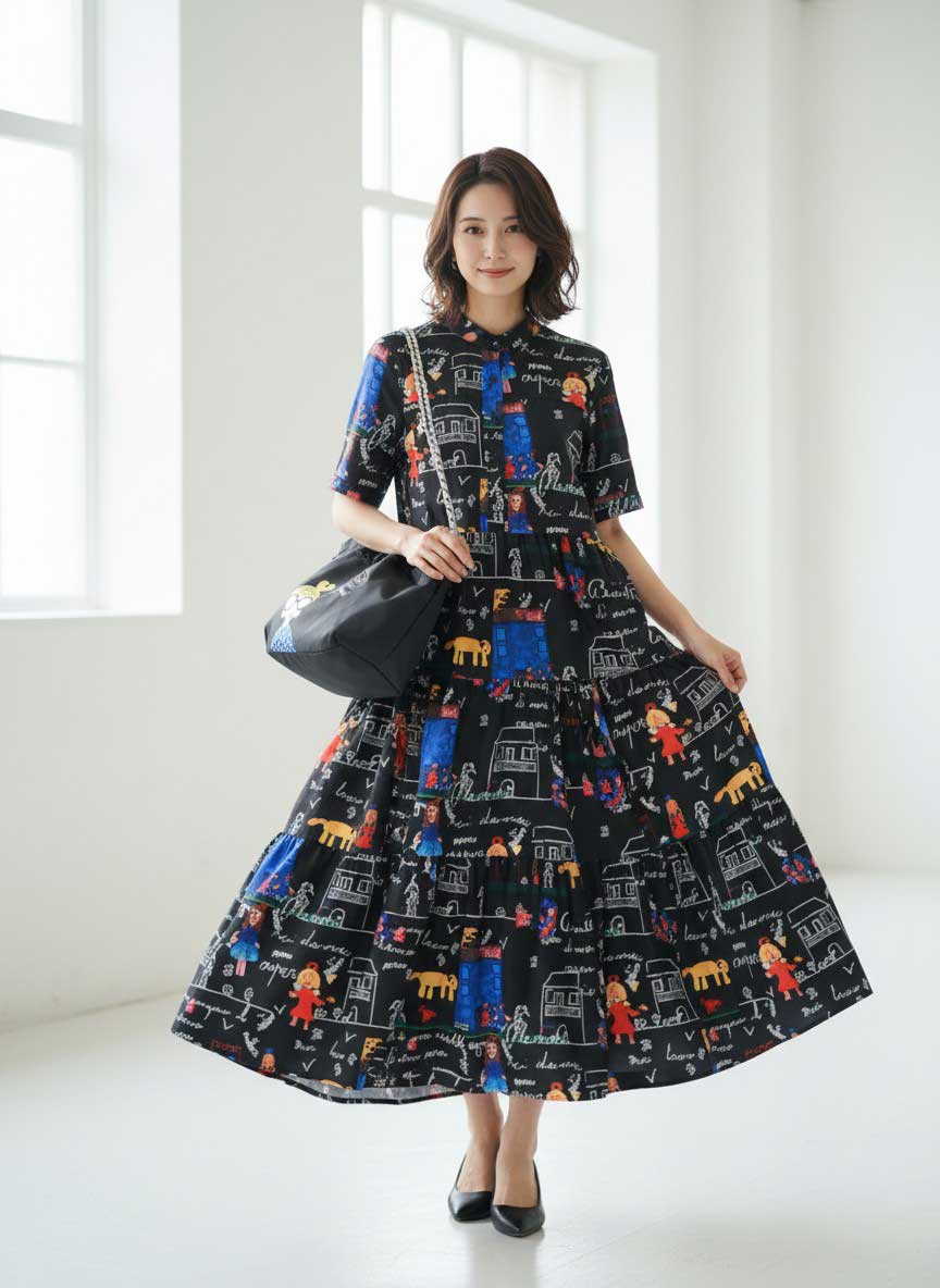 ポップ柄プリント ティアードワンピース ロング丈 半袖 体型カバー L〜LL