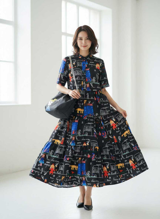 ポップ柄プリント ティアードワンピース ロング丈 半袖 体型カバー L〜LL