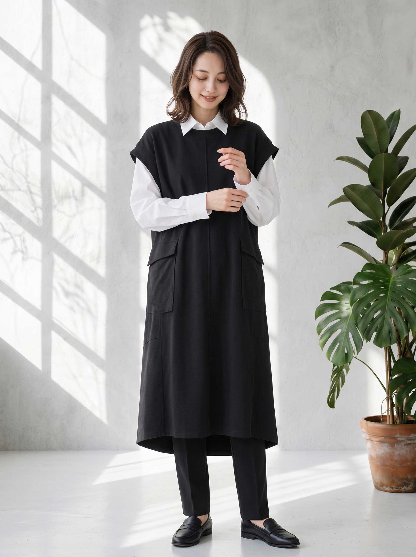 ワンピース ノースリーブ 異素材切替 ロング Aライン ゆったり 体型カバー 秋冬 M L
