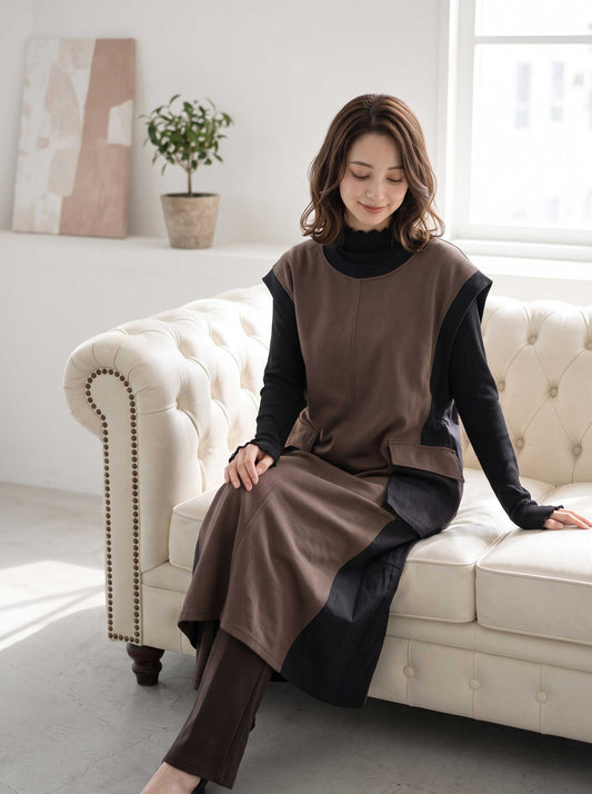 ワンピース ノースリーブ 異素材切替 ロング Aライン ゆったり 体型カバー 秋冬 M L