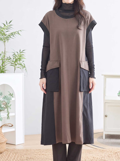 ワンピース ノースリーブ 異素材切替 ロング Aライン ゆったり 体型カバー 秋冬 M L