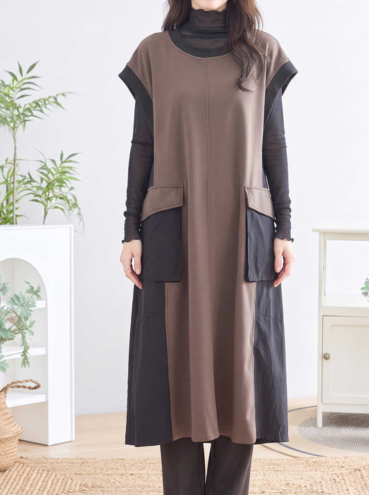ワンピース ノースリーブ 異素材切替 ロング Aライン ゆったり 体型カバー 秋冬 M L
