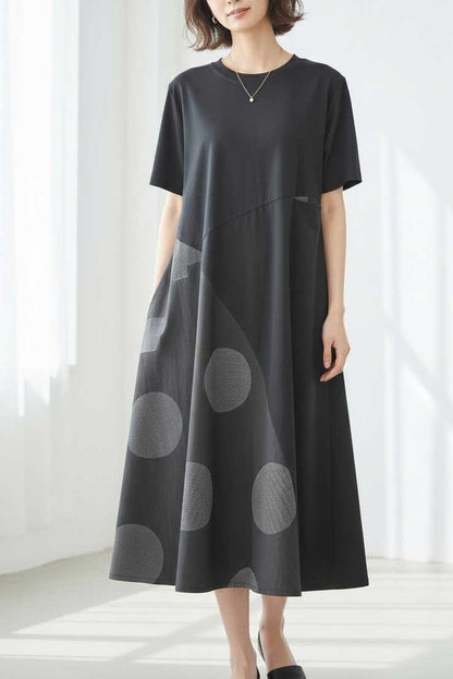 モノトーン 大ドット柄 切替 フレア ワンピース 半袖 ゆったり 体型カバー M-L