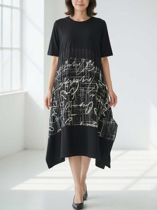アートプリント 切替 ワンピース 半袖 綿混 ゆったり モード 体型カバー M-L