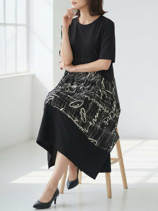 アートプリント 切替 ワンピース 半袖 綿混 ゆったり モード 体型カバー M-L