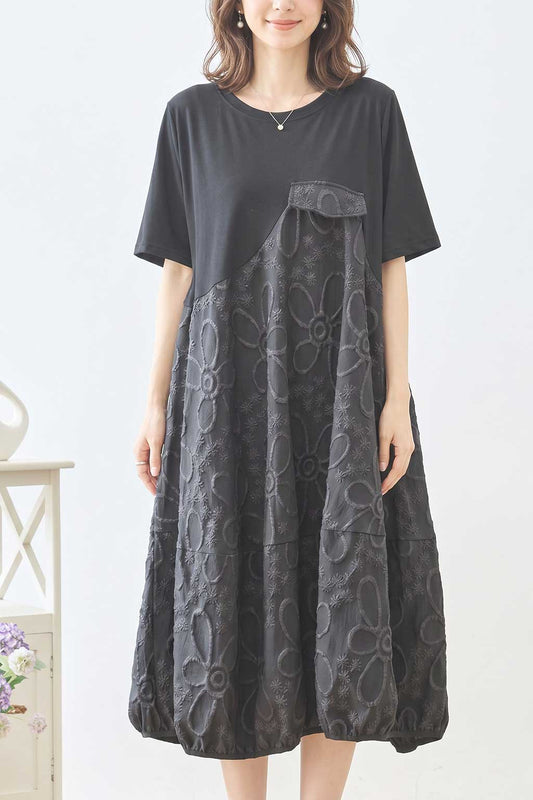 サークル刺繍 切替 バルーン ワンピース 半袖 ゆったり 体型カバー ロング丈 M-L
