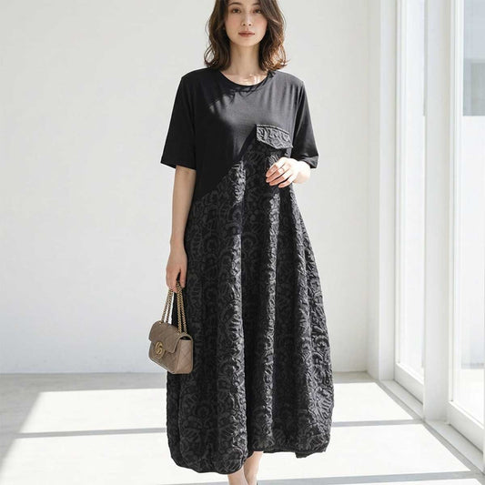 ダマスク ジャカード 切替 バルーンワンピース 半袖 ロング ゆったり M-L