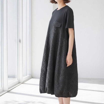幾何学ジャカード切替バルーンワンピースロング丈半袖ゆったり体型カバー L～LL