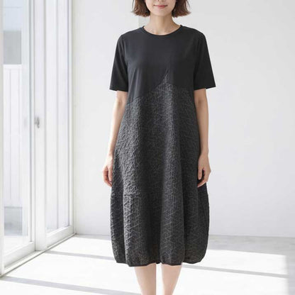 幾何学ジャカード切替バルーンワンピースロング丈半袖ゆったり体型カバー L～LL