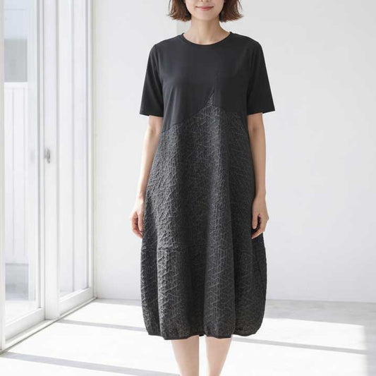 幾何学ジャカード切替バルーンワンピースロング丈半袖ゆったり体型カバー L～LL